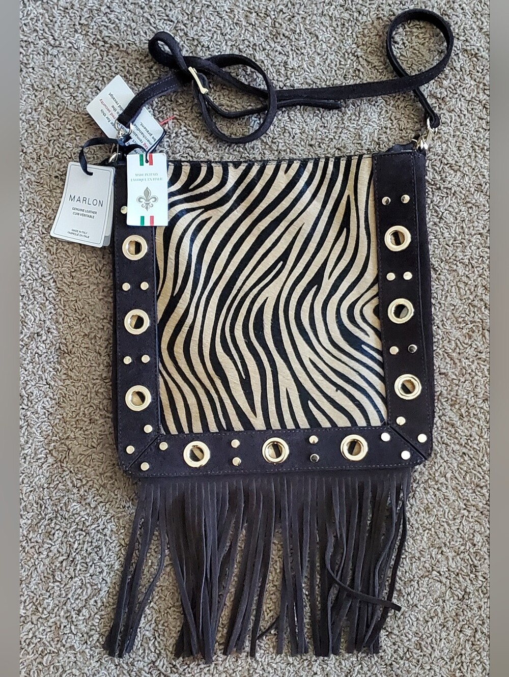 406. NWT - Marlon Genuine Leather  Zebra-Print Fringe Crossbody Bag